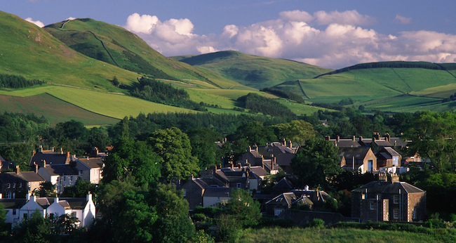 Scottish Borders village with hills in background, copyright Keith Robeson