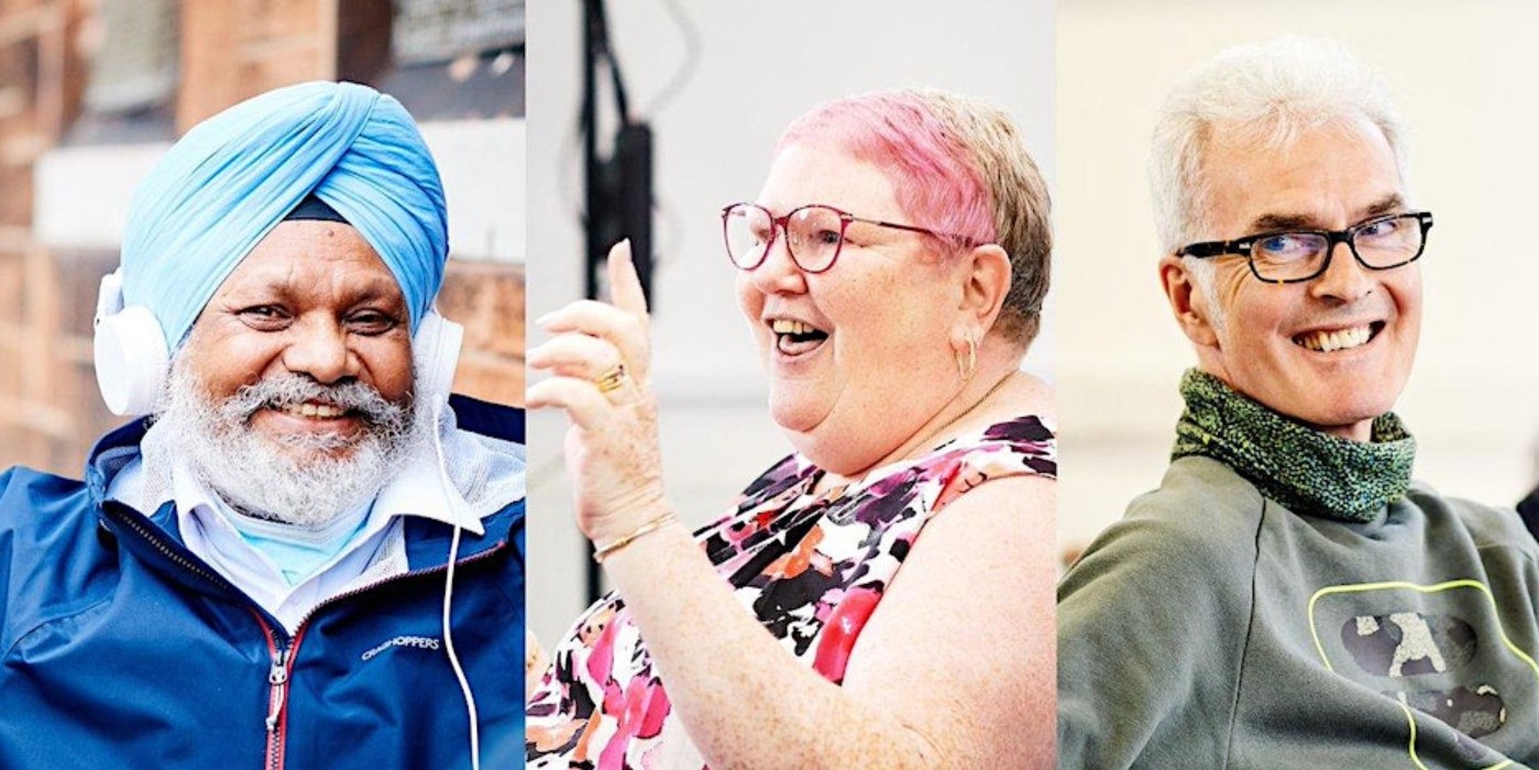 Three people listening to music, happy