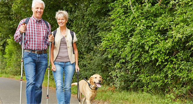 Couple walking a dog on path