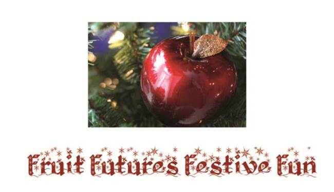 Apple christmas tree decoration with Fruit Future Festive Fun written underneath