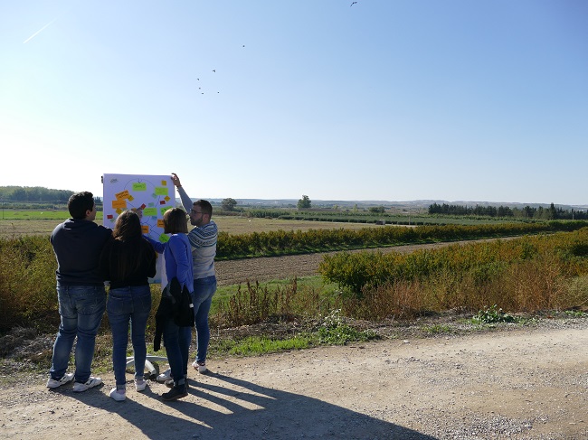 GRoup of people looking at board with post it notes outside in the countryside