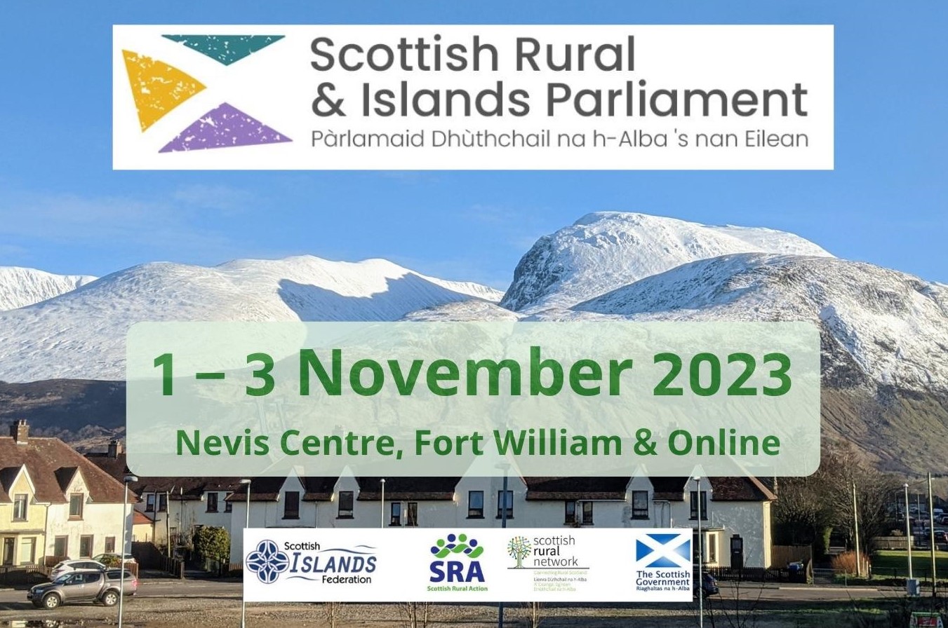 Scottish Rural & Islands Parliament logo and dates with Ben Nevis in the background