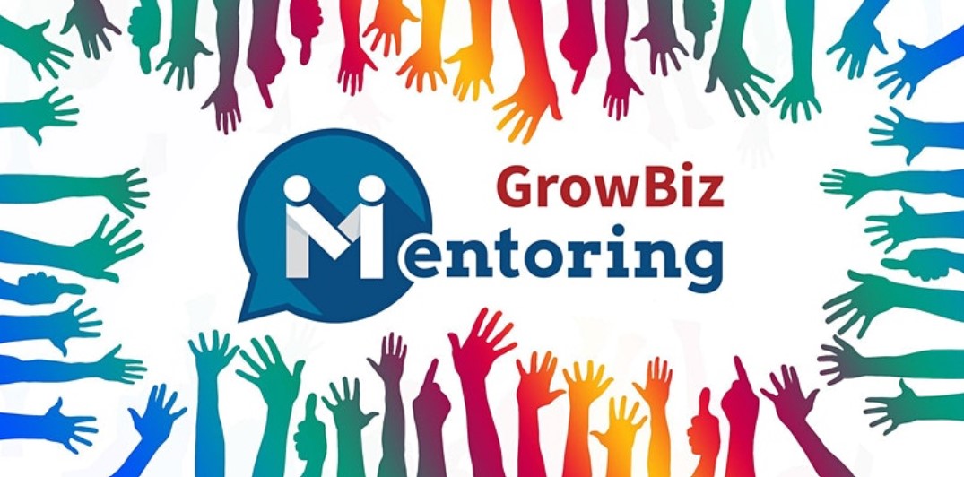 Rainbow-coloured hands reaching in to the words "GrowBiz Mentoring" 