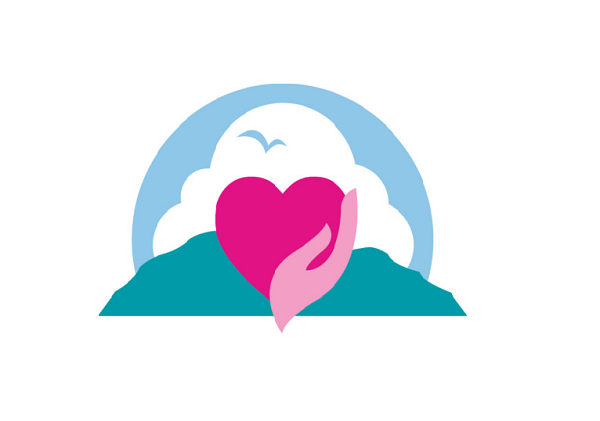 Logo with heart held in hand in front of mountain with cloud and bird