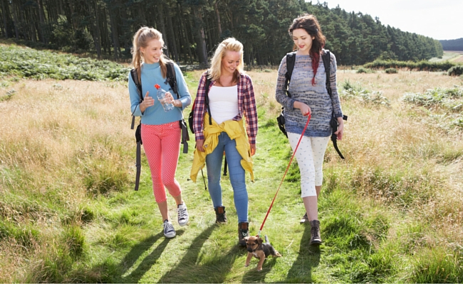 Three girls walking dog