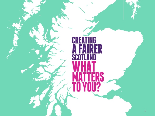 Graphic with map of Scotland and text: Creating a fairer Scotland, what matters to you?