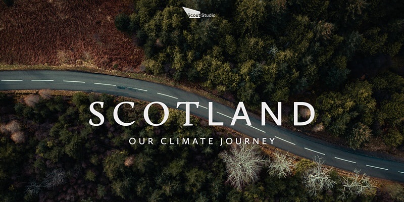 Road running through woods with the words Scotland: Our Climate Journey