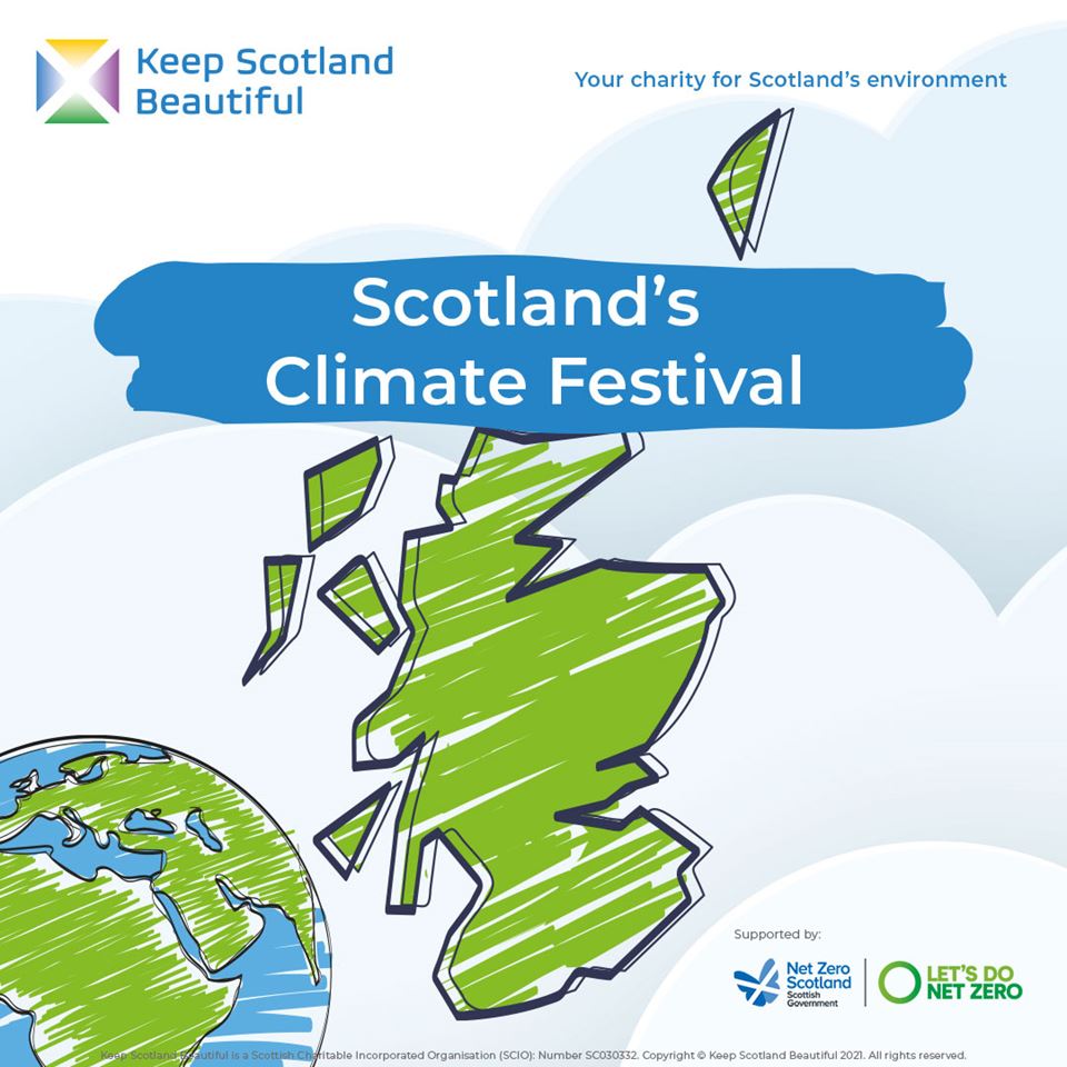 Drawing of map of Scotland and earth with the words Scotland's Climate Festival