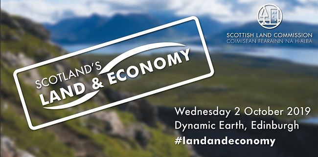 Scotland's Land & Economy event graphic with text over landscape