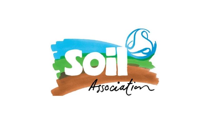 Soil association logo with blue, green and brown background