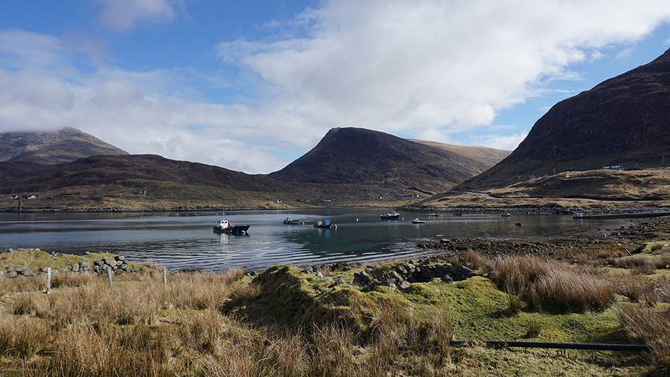 Rural scene with Mountains, loch and boats