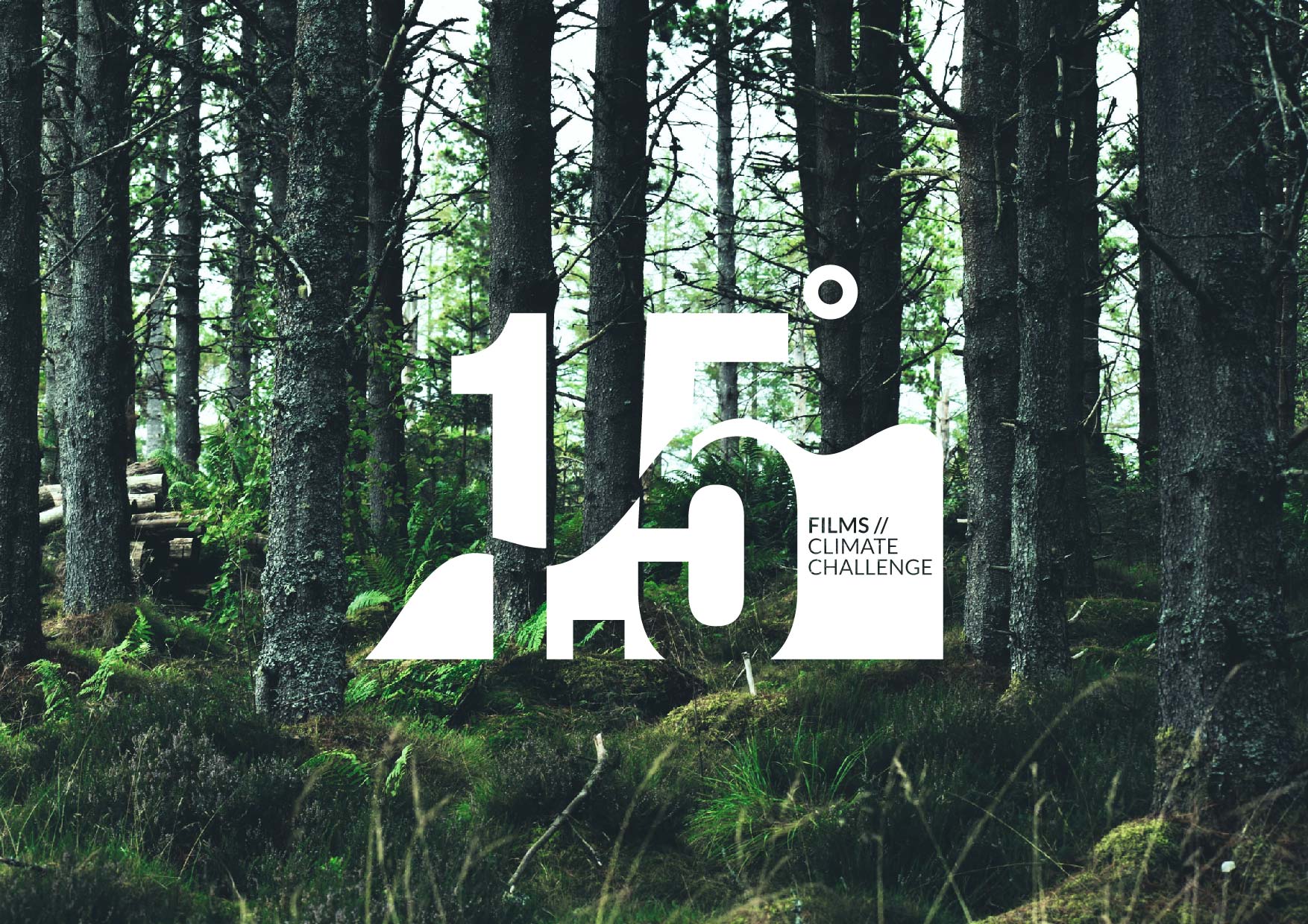 Trees in wood with 1.5 films climate challenge logo