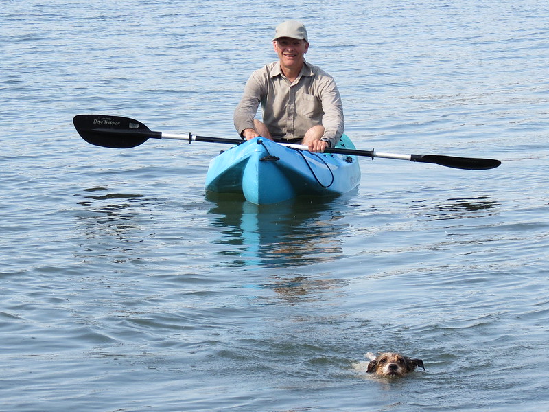 Man in kayak with a dog swimming in front