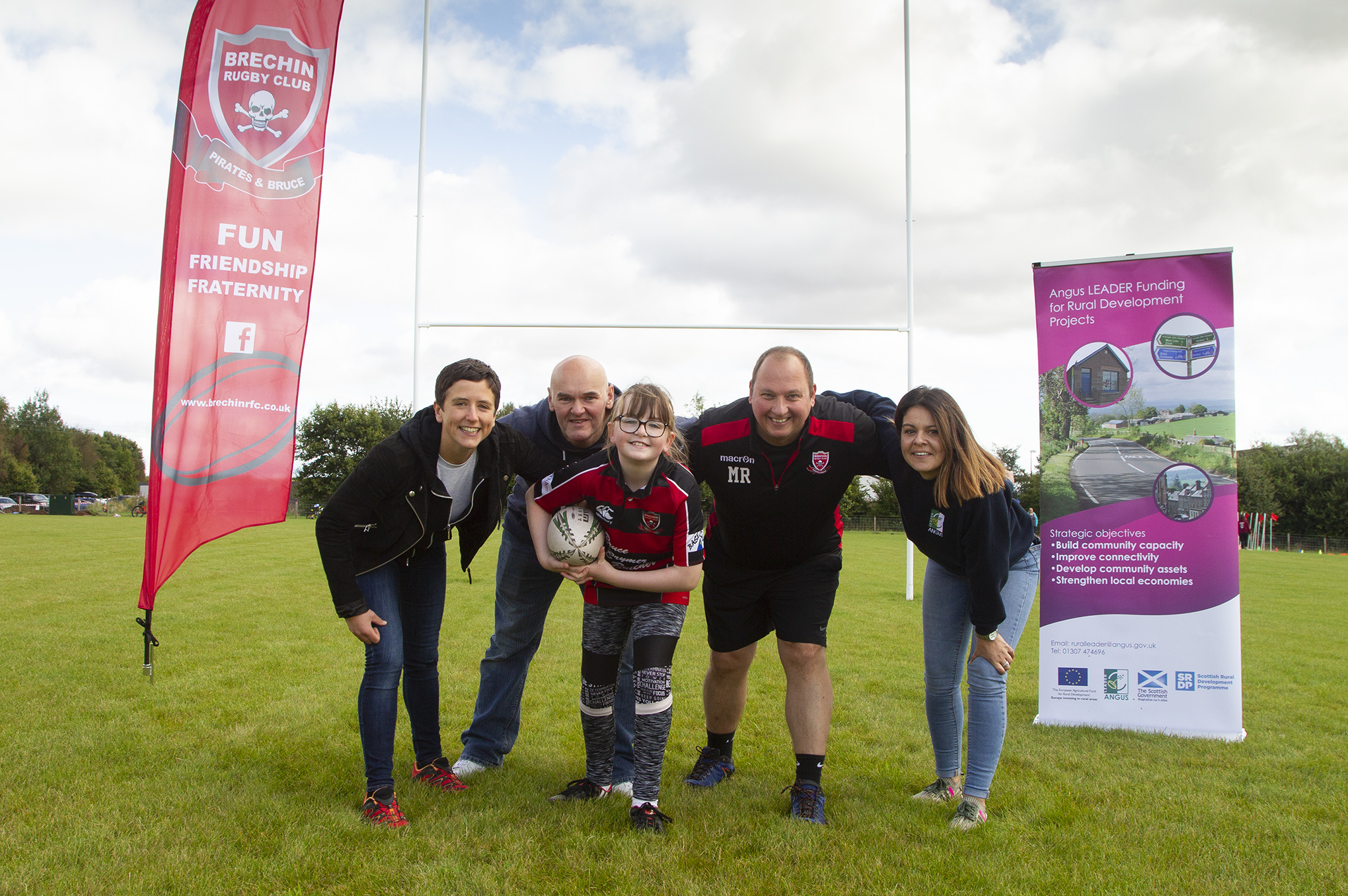 Pictured from From L to R - Mairi Gougeon MSP, Minister for Rural Affairs and the Natural Environment; Robert Tough (Kaylagh’s dad), Kaylagh; Mike Reid (Brechin RFC Chairman and coach); Kim Ritchie (Angus LEADER, assistant coordinator). Photo courtesy of ANGUS PICTURES