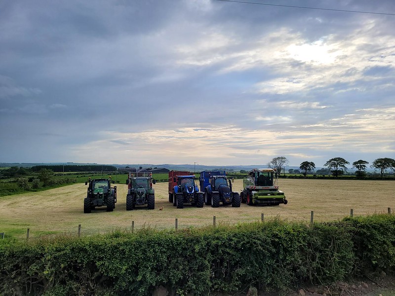 Five tractors lined up in a field