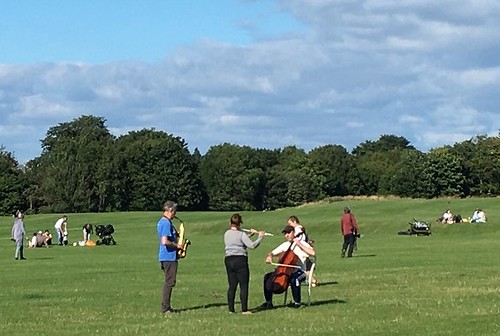 Musicians in park practising for performance with people sitting on grass 