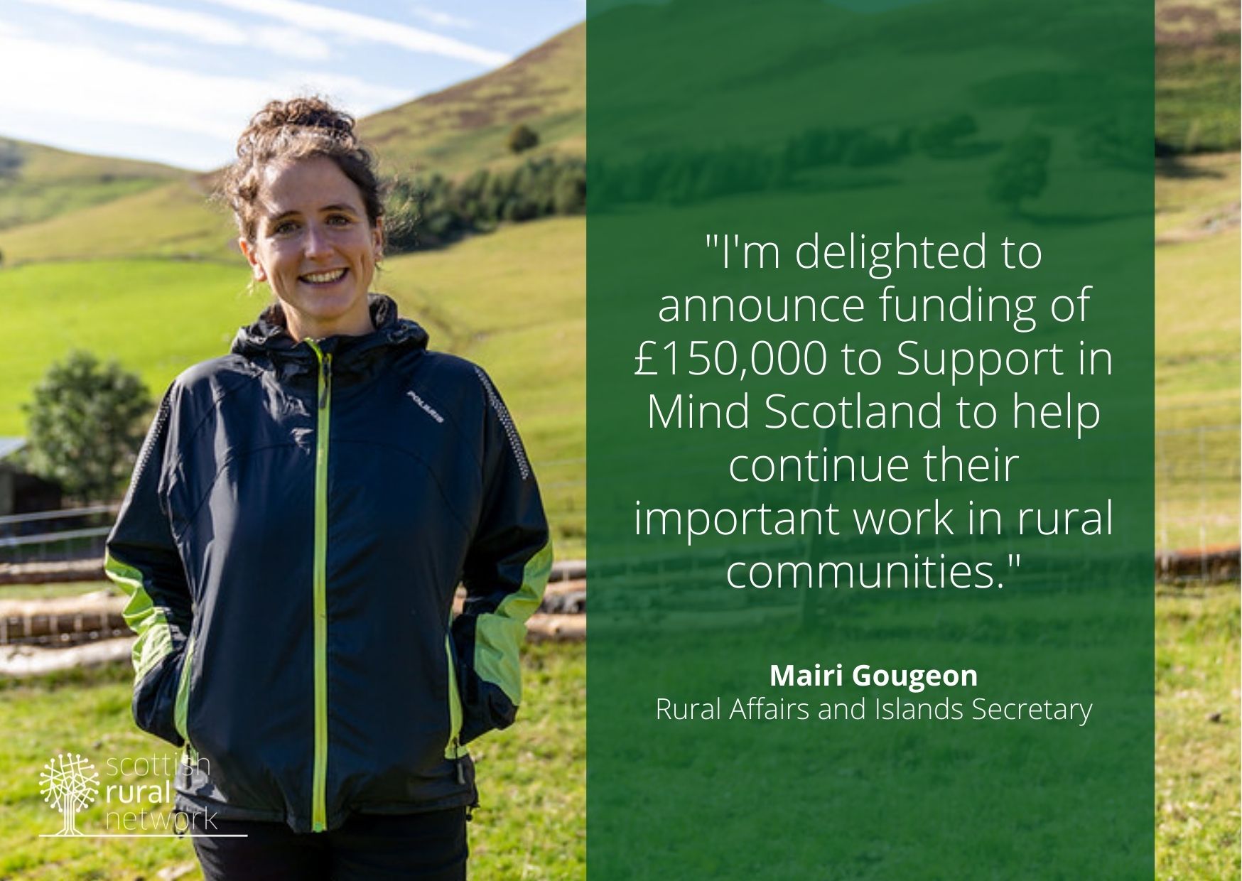 Rural Affairs and Islands Secretary, Mairi Gougeon with fields and hills in background