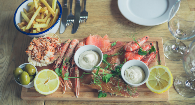 Seafood platter on restaurant table