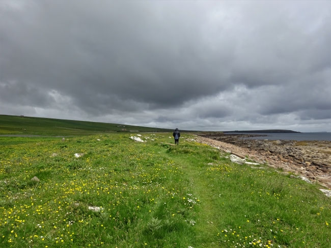 Person walking along seashore on Orkney 