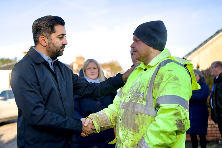 First Minister Humza Yousaf meeting Brechin resident following Storm Bebet flooding