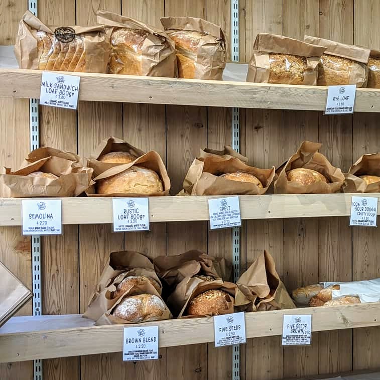 Loaves of bread on shelves 