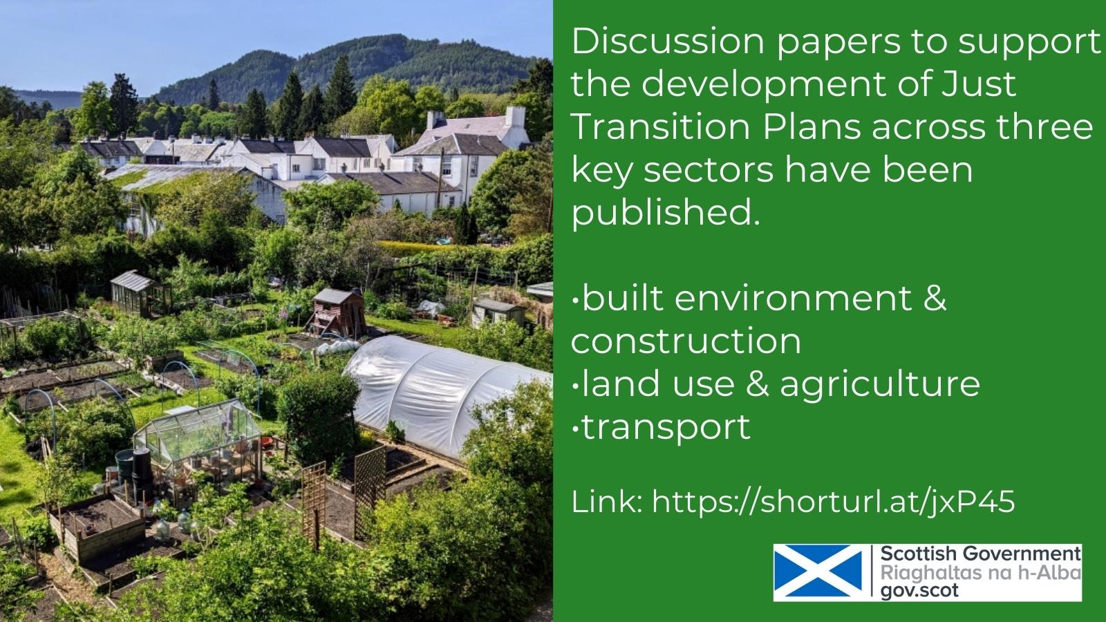 Just Transition infographic with picture of allotments in rural location