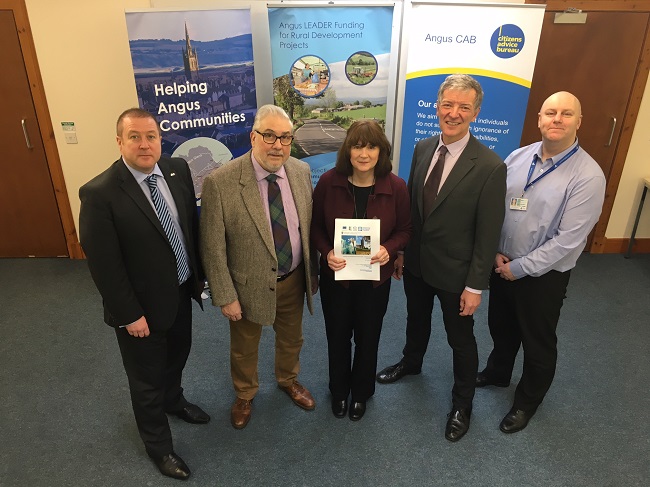  (L-R) Graeme Dey, MSP for Angus South; Dougie Pond, Angus LEADER chairman; Kathy Anderson, Angus CAB and AFIP chair; David Tollick, Angus LEADER programme coordinator; and Grahame Conning, Angus Council welfare reform officer at a meeting to discuss the report today 