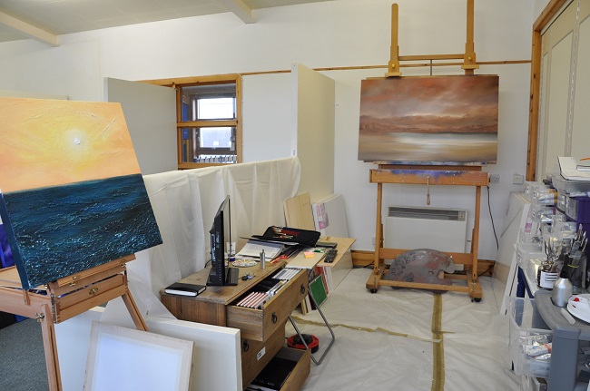 Bressay studio space with paintings
