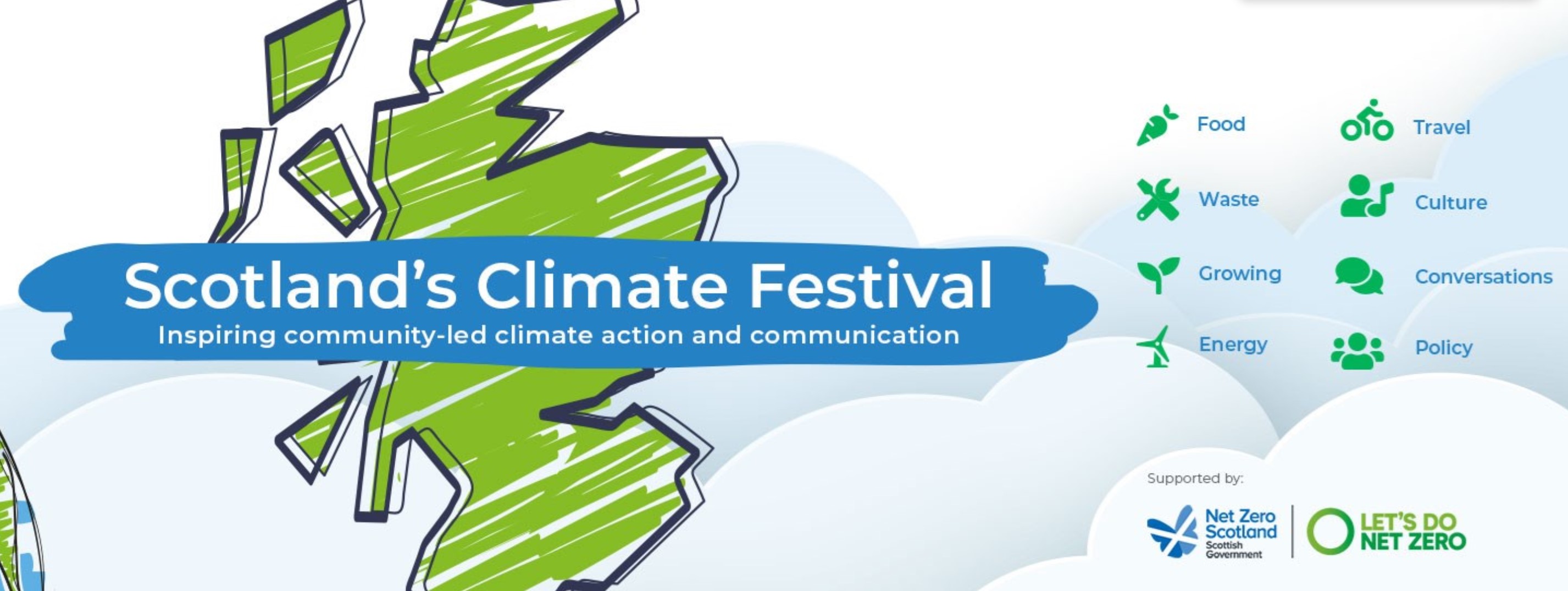Drawing of map of Scotland with Climate Festival logo