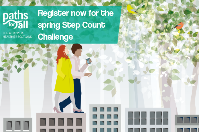 Graphic with people walking and text: Register now for the Spring Step Count Challenge