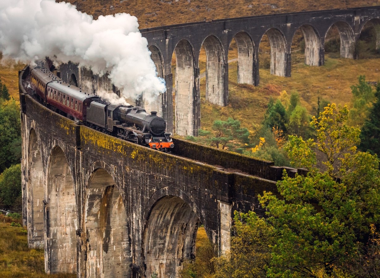 Steam train crossing viaduct, Scotland