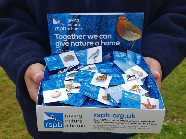 Person holding RSPB collection box with pins 