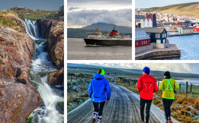 Collage of islands photos: Western Isles waterfall, ferry, Lerwick, runners in Orkney