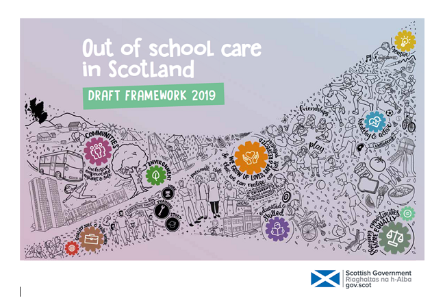 Graphic with text 'Out of School in Scotland: draft framework 2019'
