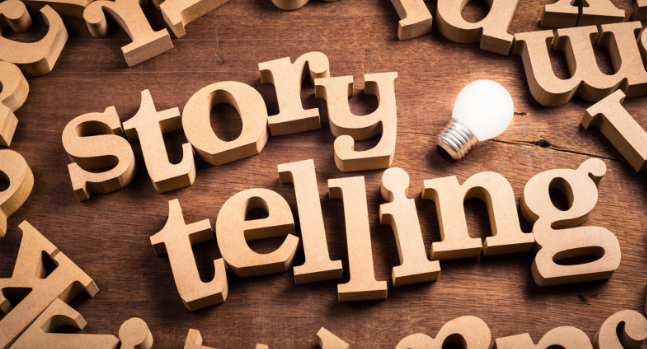 Storytelling written in wooden letters