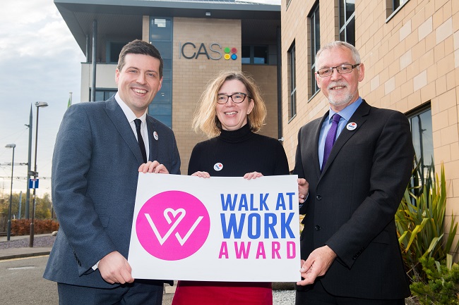 Jamie Hepburn joins Ian Findlay, Chief Officer at Paths for All, and Lesley Glen, Chief Operating Officer at ICAS, to launch the Walk at Work Award.