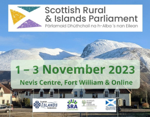 Scottish Rural & Islands Parliament logo and dates with Ben Nevis in the background