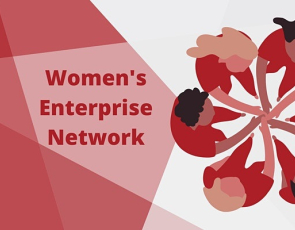 Women's Enterprise Network logo with cartoon image of 6 women making a circle with held hands