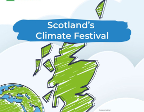 Drawing of map of Scotland and earth with the words Scotland's Climate Festival