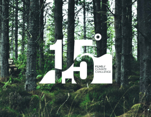 Trees in wood with 1.5 films climate challenge logo