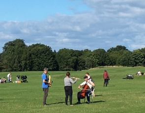 Musicians in park practising for performance with people sitting on grass 