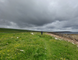 Person walking along seashore on Orkney 