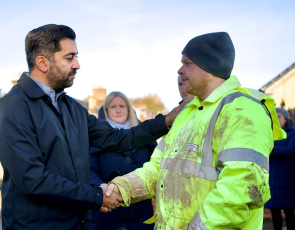 First Minister Humza Yousaf meeting Brechin resident following Storm Bebet flooding