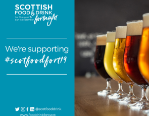 Scottish Food and Drink Fortnight logo and text with image of craft beers