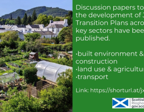 Just Transition infographic with picture of allotments in rural location