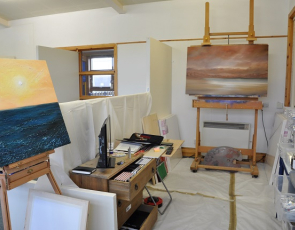 Bressay studio space with paintings