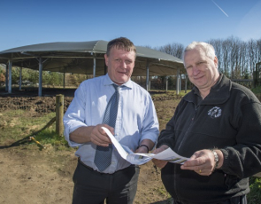 : Des Martin (West Lothian LEADER Local Action Group Chair and Learning Resource Manager, SRUC, Oatridge Campus) and Dr Robin Chesters (Director, Almond Valley Heritage Trust) check the canopy of the new Oil Shale Discovery Space.