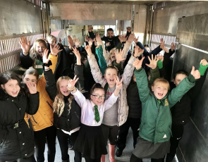 Children on farm visit with hands in air