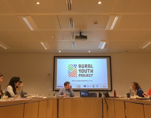 Brussels event with Rural Youth Project logo showing on screen