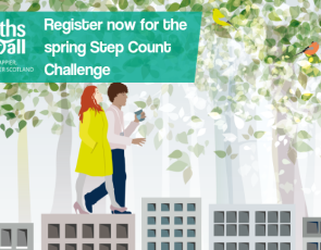 Graphic with people walking and text: Register now for the Spring Step Count Challenge